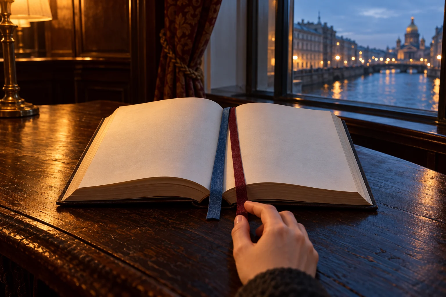 Pencere yanında açık bir kitap ve iki kumaş ayraç arasında seçim yapan okurun eli.