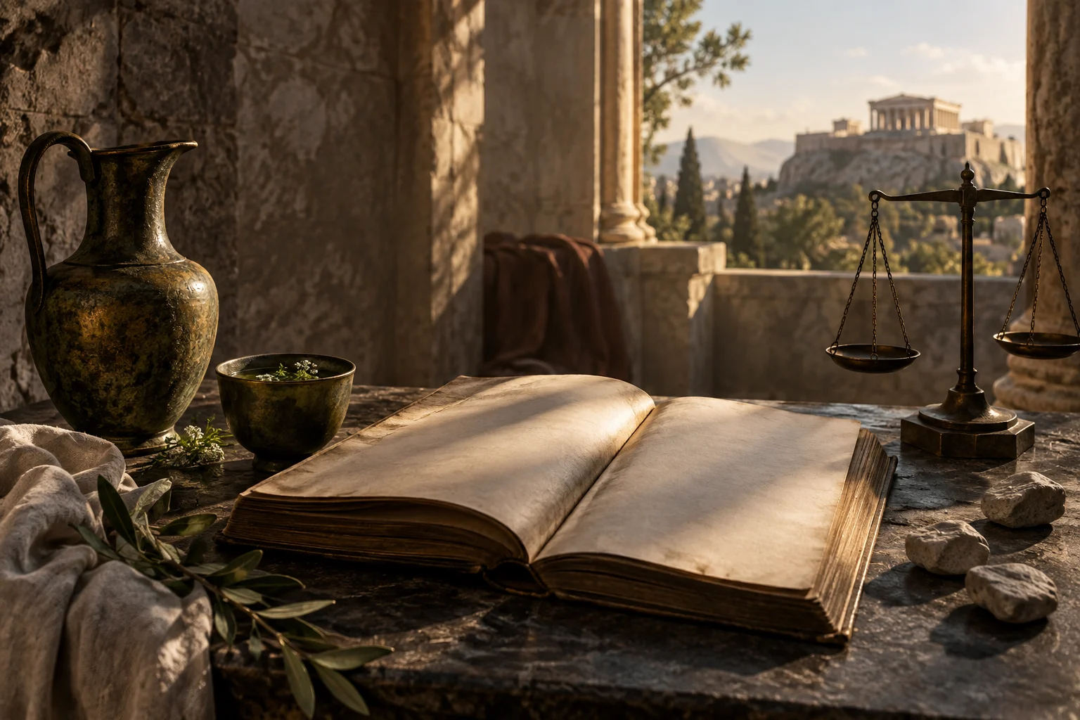 Platon’un Sokrates’in Savunması için kitap ve adalet terazisinin temsili AI illüstrasyonu